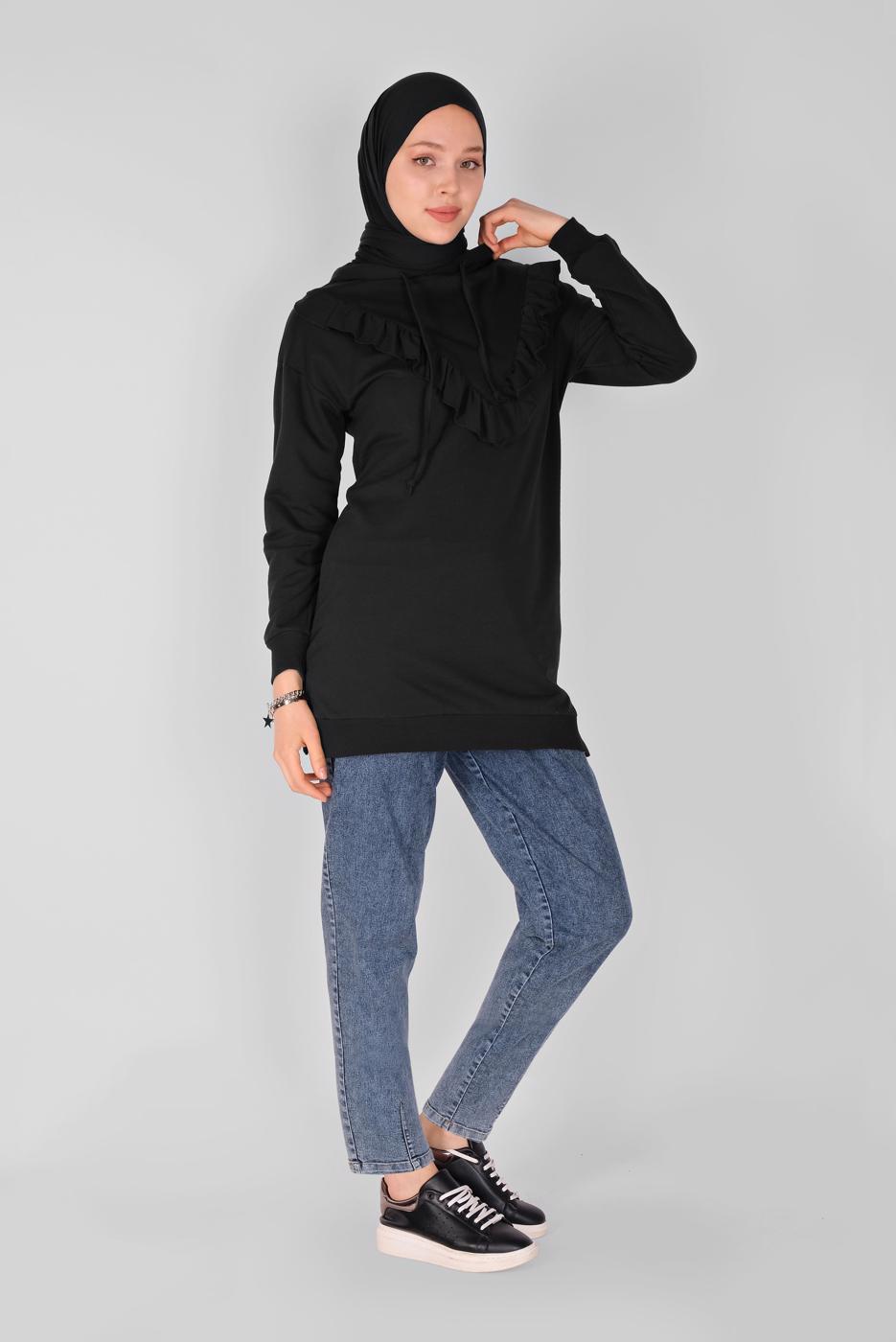 Hijab clothing BLACK RUFFLED HOODED TUNIC 371 