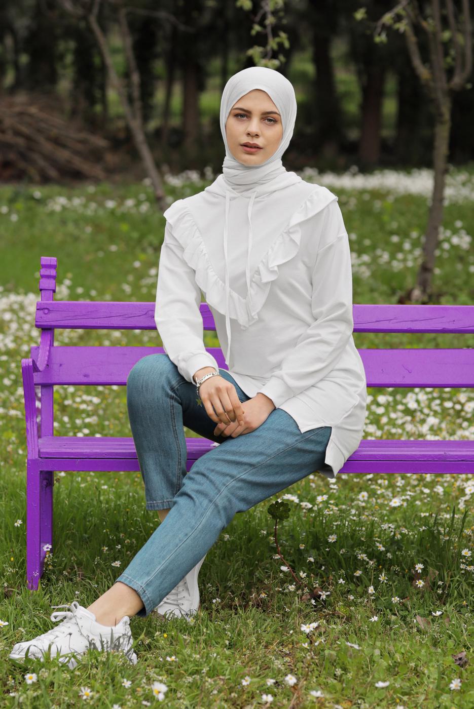Hijab clothing ECRU RUFFLED HOODED TUNIC 371 