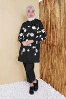 Tesettür giyim SİYAH ÇİÇEK BASKILI KAPÜŞONLU EŞOFMAN TUNİK 0456