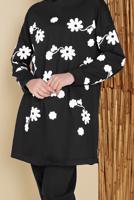 Tesettür giyim SİYAH ÇİÇEK BASKILI KAPÜŞONLU EŞOFMAN TUNİK 0456