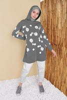 Tesettür giyim GRİ ÇİÇEK BASKILI KAPÜŞONLU EŞOFMAN TUNİK 0456