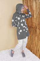 Tesettür giyim GRİ ÇİÇEK BASKILI KAPÜŞONLU EŞOFMAN TUNİK 0456