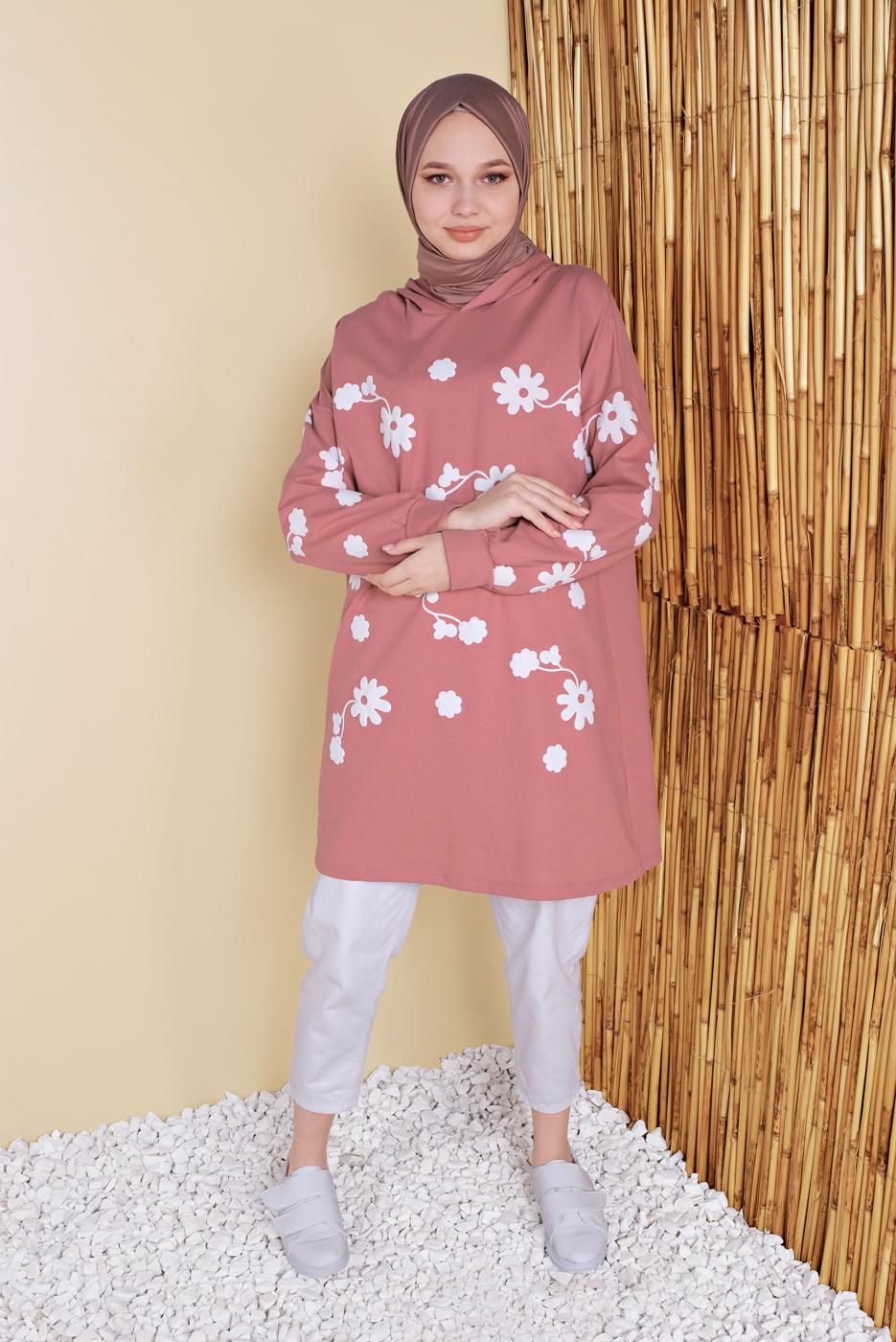 Tesettür giyim PUDRA ÇİÇEK BASKILI KAPÜŞONLU EŞOFMAN TUNİK 0456