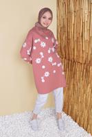 Tesettür giyim PUDRA ÇİÇEK BASKILI KAPÜŞONLU EŞOFMAN TUNİK 0456