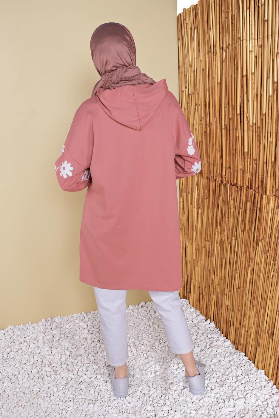 Tesettür giyim PUDRA ÇİÇEK BASKILI KAPÜŞONLU EŞOFMAN TUNİK 0456