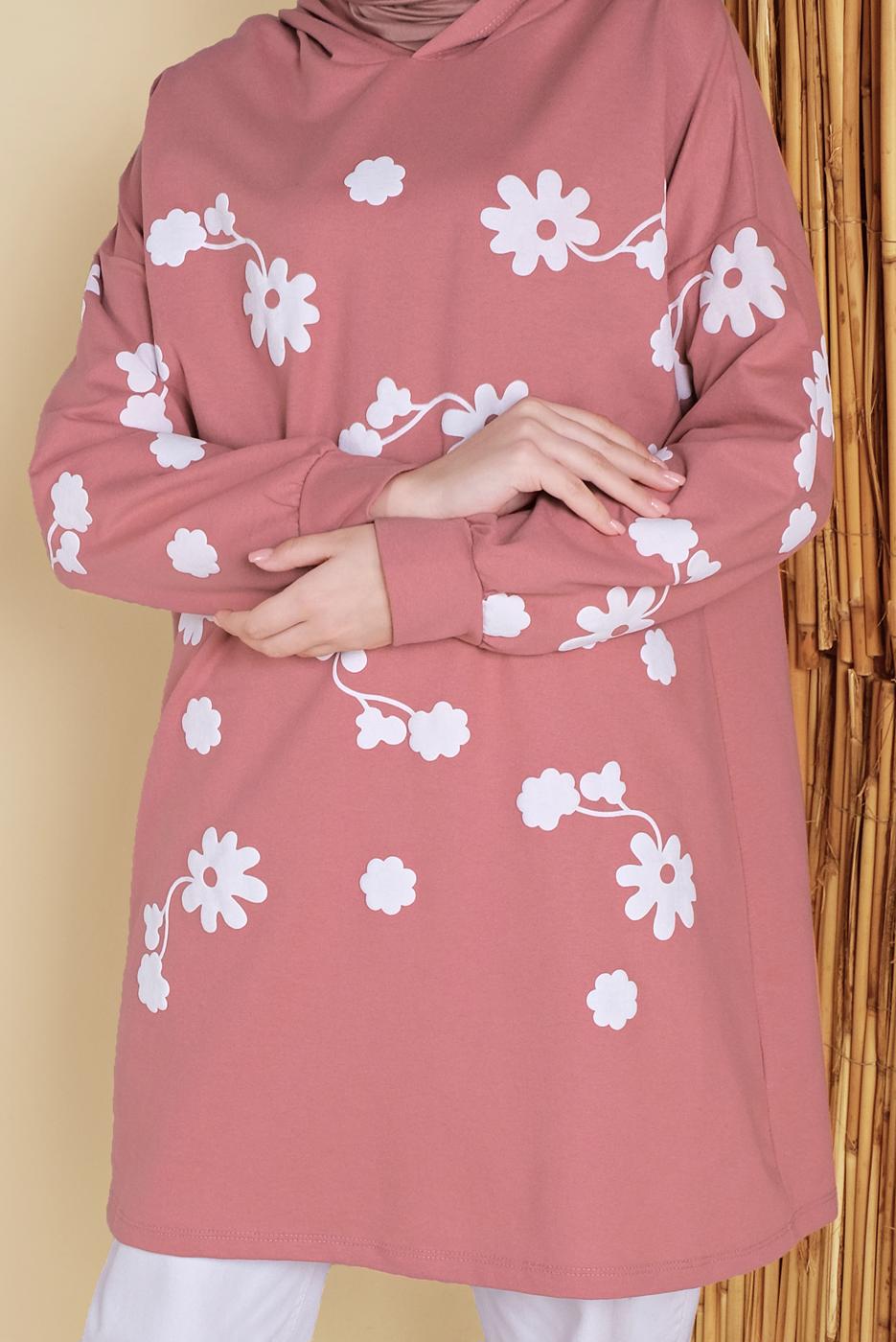 Tesettür giyim PUDRA ÇİÇEK BASKILI KAPÜŞONLU EŞOFMAN TUNİK 0456