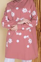 Tesettür giyim PUDRA ÇİÇEK BASKILI KAPÜŞONLU EŞOFMAN TUNİK 0456