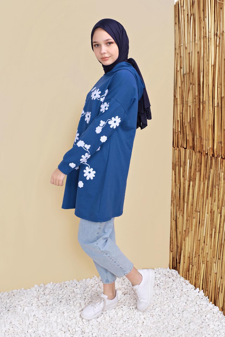 Tesettür giyim LACİVERT ÇİÇEK BASKILI KAPÜŞONLU EŞOFMAN TUNİK 0456