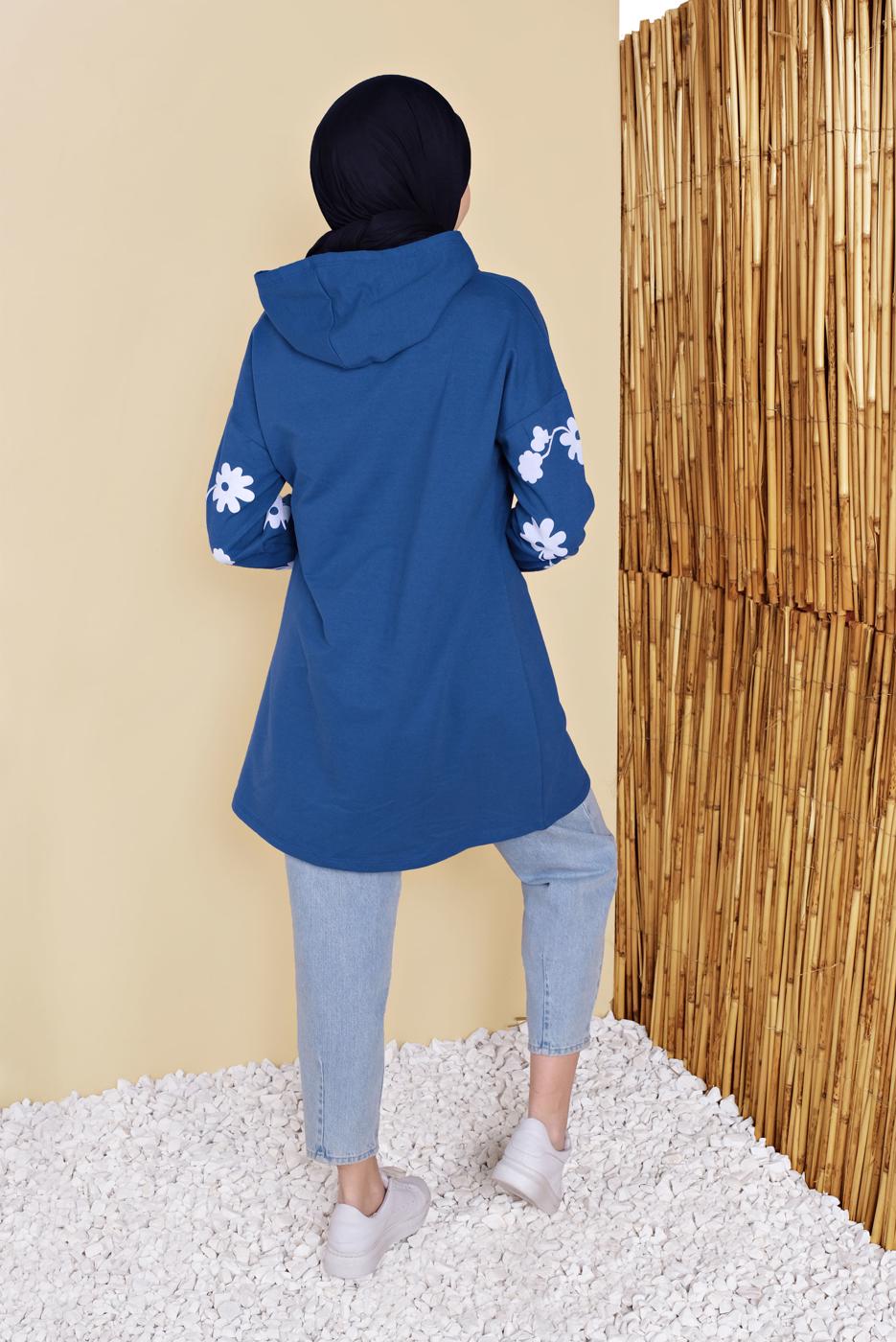 Tesettür giyim LACİVERT ÇİÇEK BASKILI KAPÜŞONLU EŞOFMAN TUNİK 0456