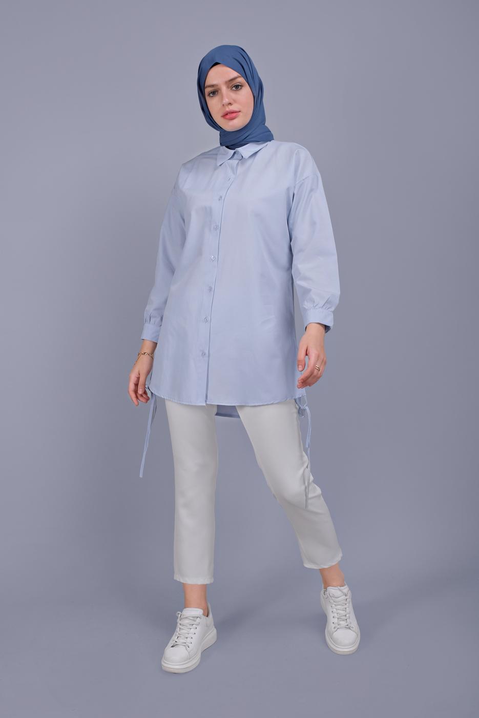 Vêtements hijab BLEU TUNIQUE EN COTON AVEC DENTELLE BOUTONS 602 