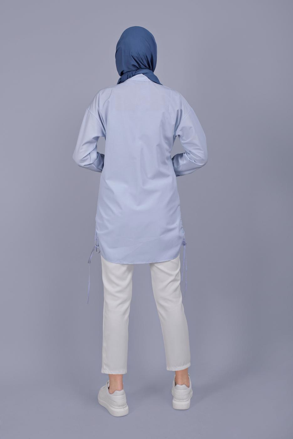 Vêtements hijab BLEU TUNIQUE EN COTON AVEC DENTELLE BOUTONS 602 