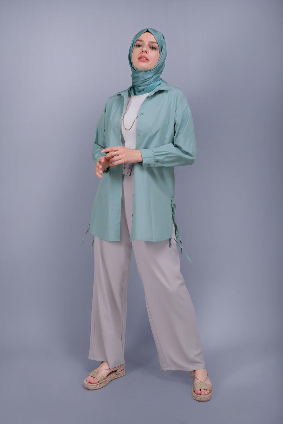 Hijab clothing GREEN BUTTON LACE DETAILED COTTON TUNIC  602 