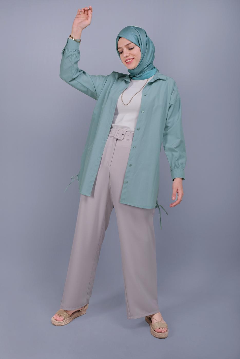 Hijab clothing GREEN BUTTON LACE DETAILED COTTON TUNIC  602 