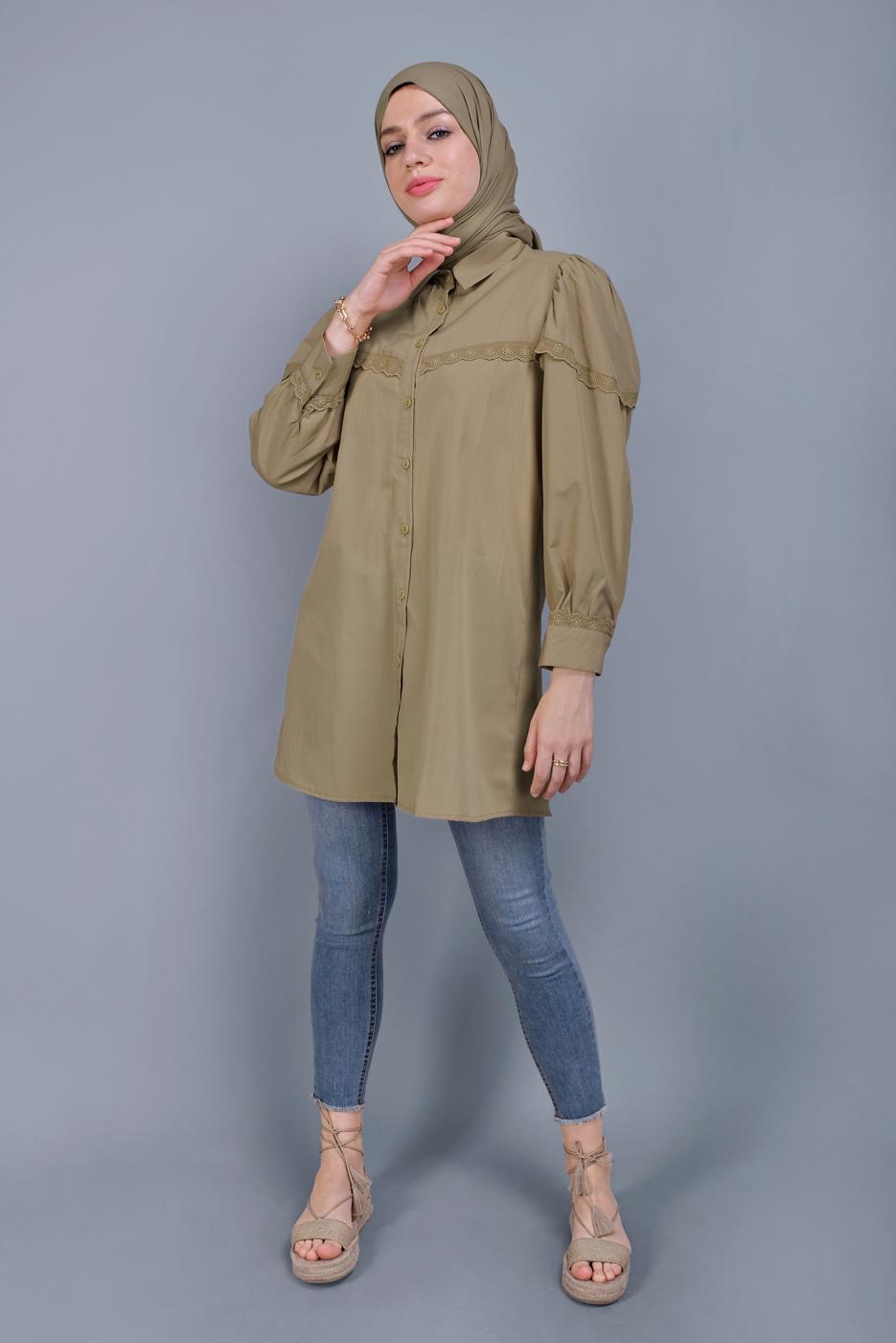 Hijab clothing BROWN COTTON LACE BUTTONED TUNIC 802 