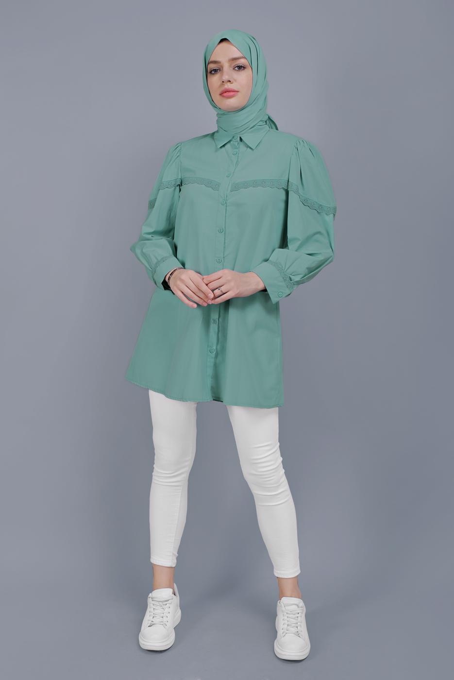 Hijab clothing GREEN COTTON LACE BUTTONED TUNIC 802 