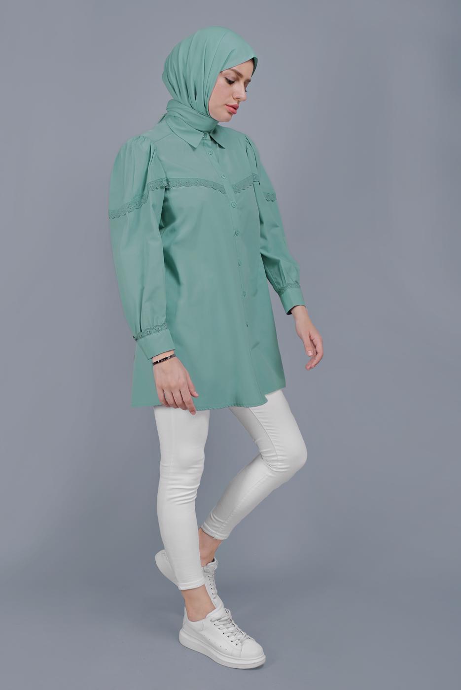 Hijab clothing GREEN COTTON LACE BUTTONED TUNIC 802 