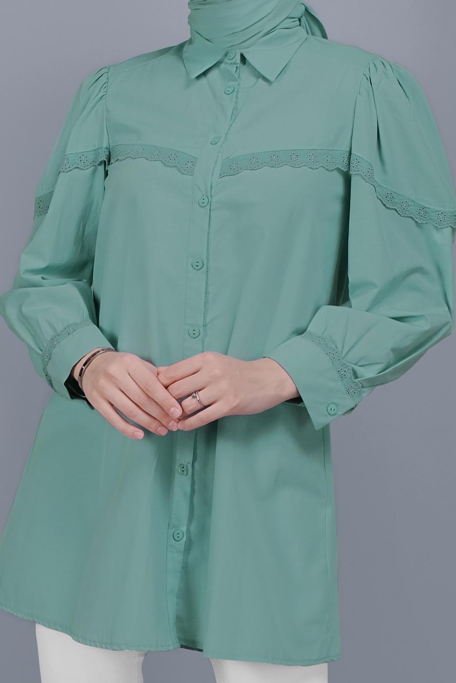 Hijab clothing GREEN COTTON LACE BUTTONED TUNIC 802 
