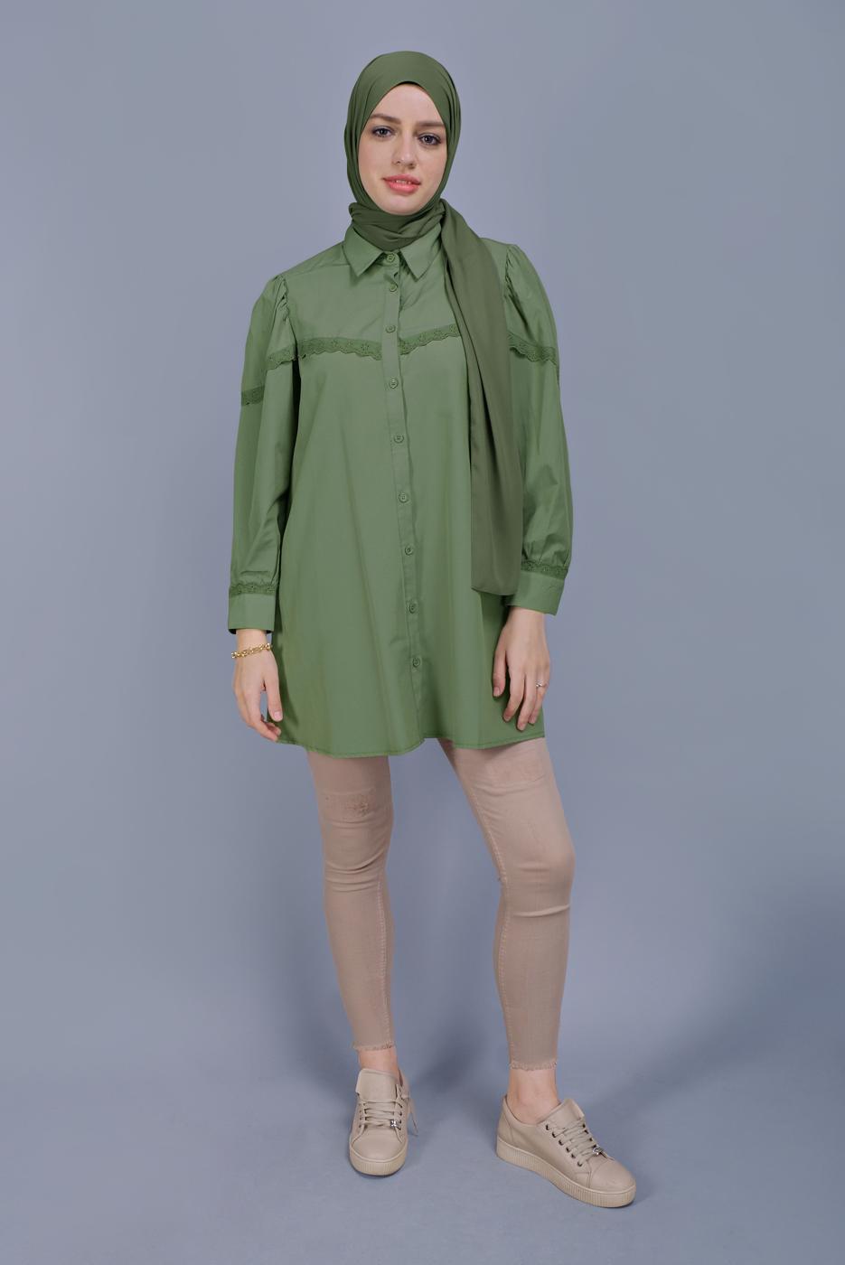 Hijab clothing GREEN COTTON LACE BUTTONED TUNIC 802 