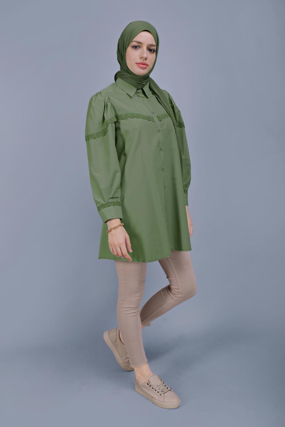 Hijab clothing GREEN COTTON LACE BUTTONED TUNIC 802 