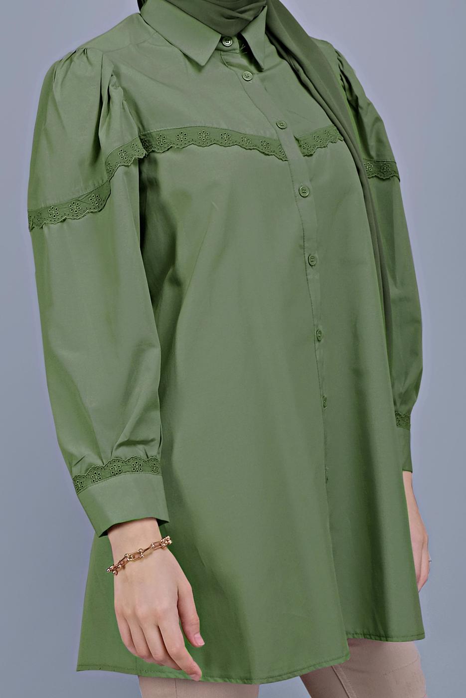 Hijab clothing GREEN COTTON LACE BUTTONED TUNIC 802 