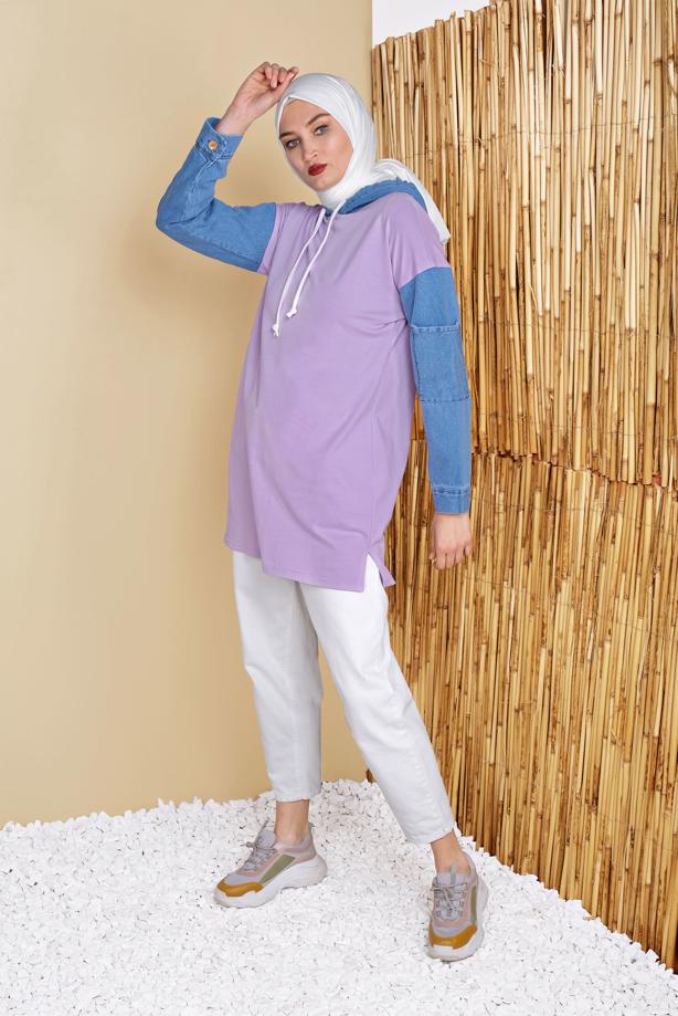 Hijab clothing  DENIM DETAIL HOODED TUNIC 821  - TRENDTESETTÜR