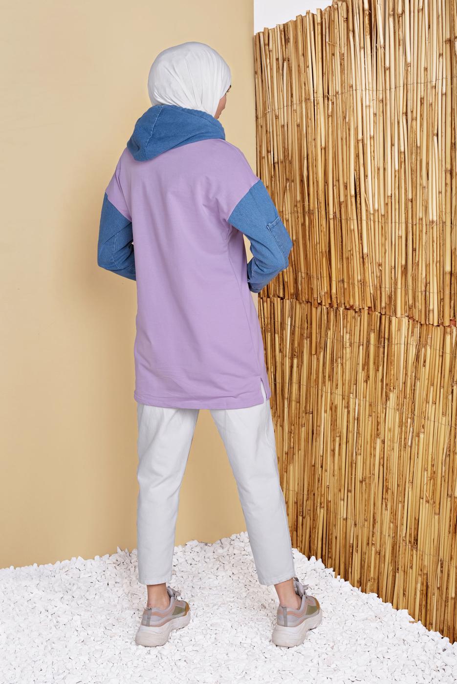 Hijab clothing PURPLE DENIM DETAIL HOODED TUNIC 821 