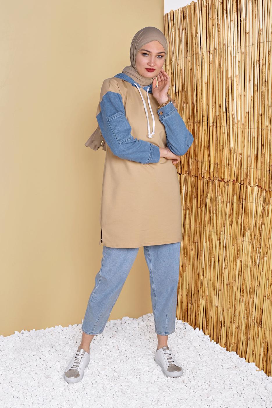 Hijab clothing BROWN DENIM DETAIL HOODED TUNIC 821 