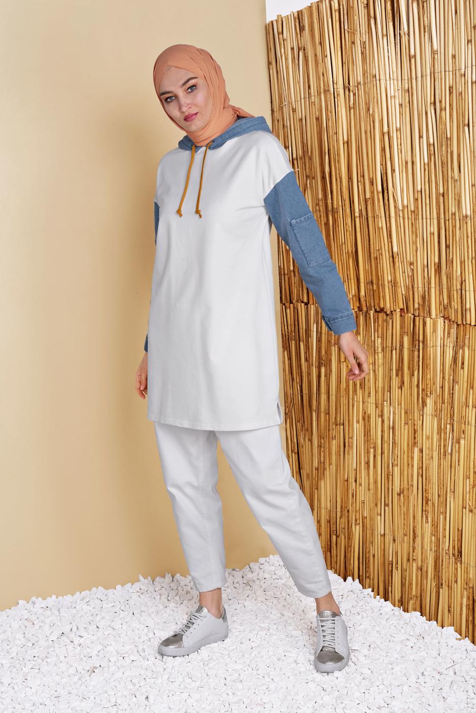 Hijab clothing ECRU DENIM DETAIL HOODED TUNIC 821