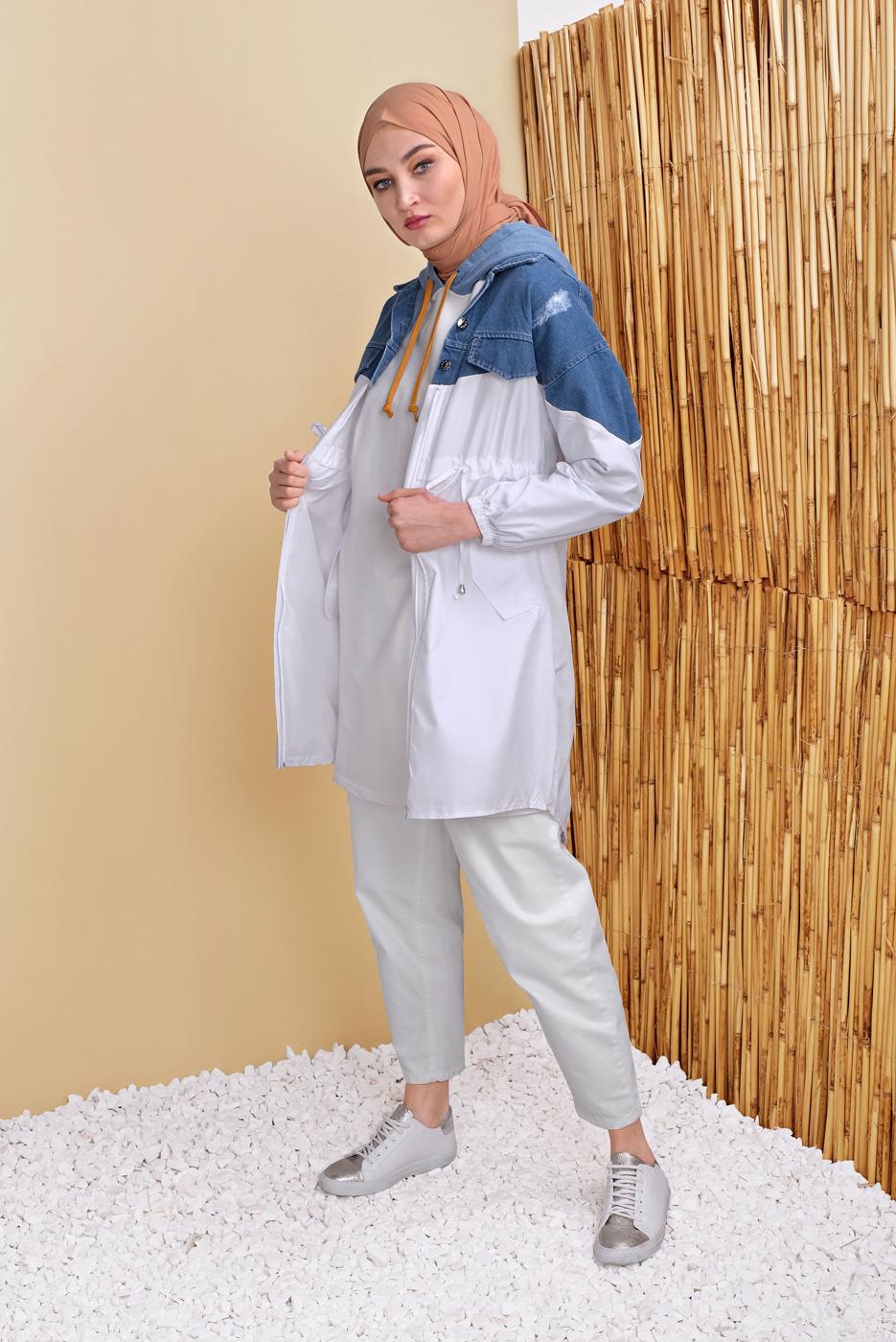 Hijab clothing ECRU DENIM DETAIL HOODED TUNIC 821