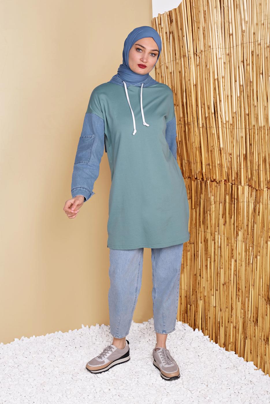 Hijab clothing GREEN DENIM DETAIL HOODED TUNIC 821 
