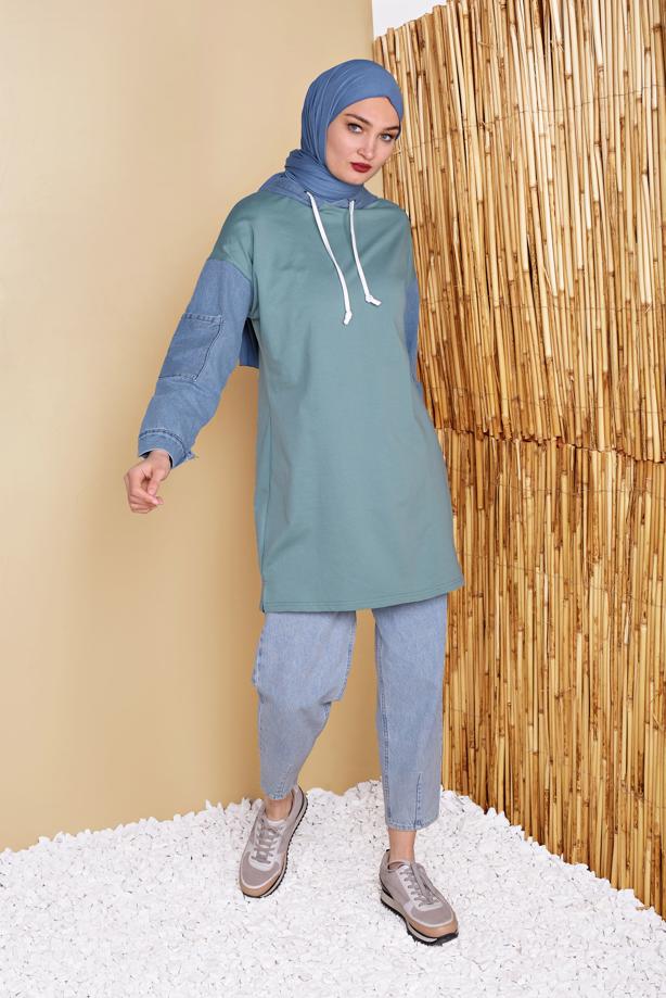 Hijab clothing  DENIM DETAIL HOODED TUNIC 821  - TRENDTESETTÜR