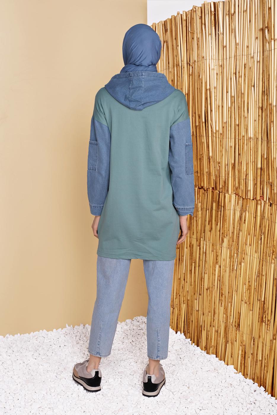Hijab clothing GREEN DENIM DETAIL HOODED TUNIC 821 