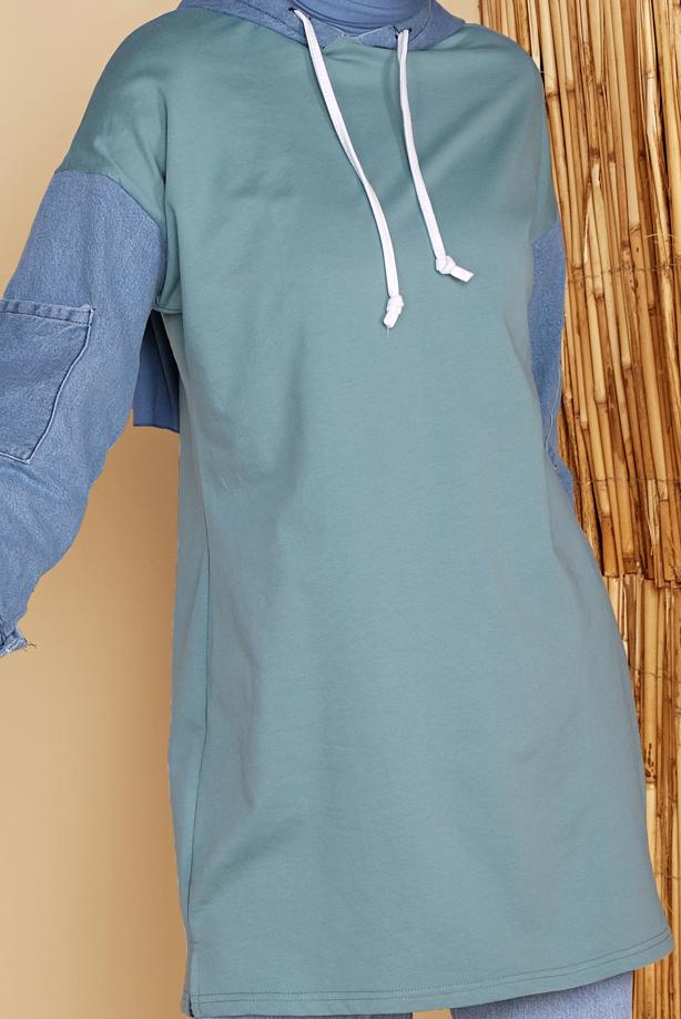 Hijab clothing  DENIM DETAIL HOODED TUNIC 821  - TRENDTESETTÜR