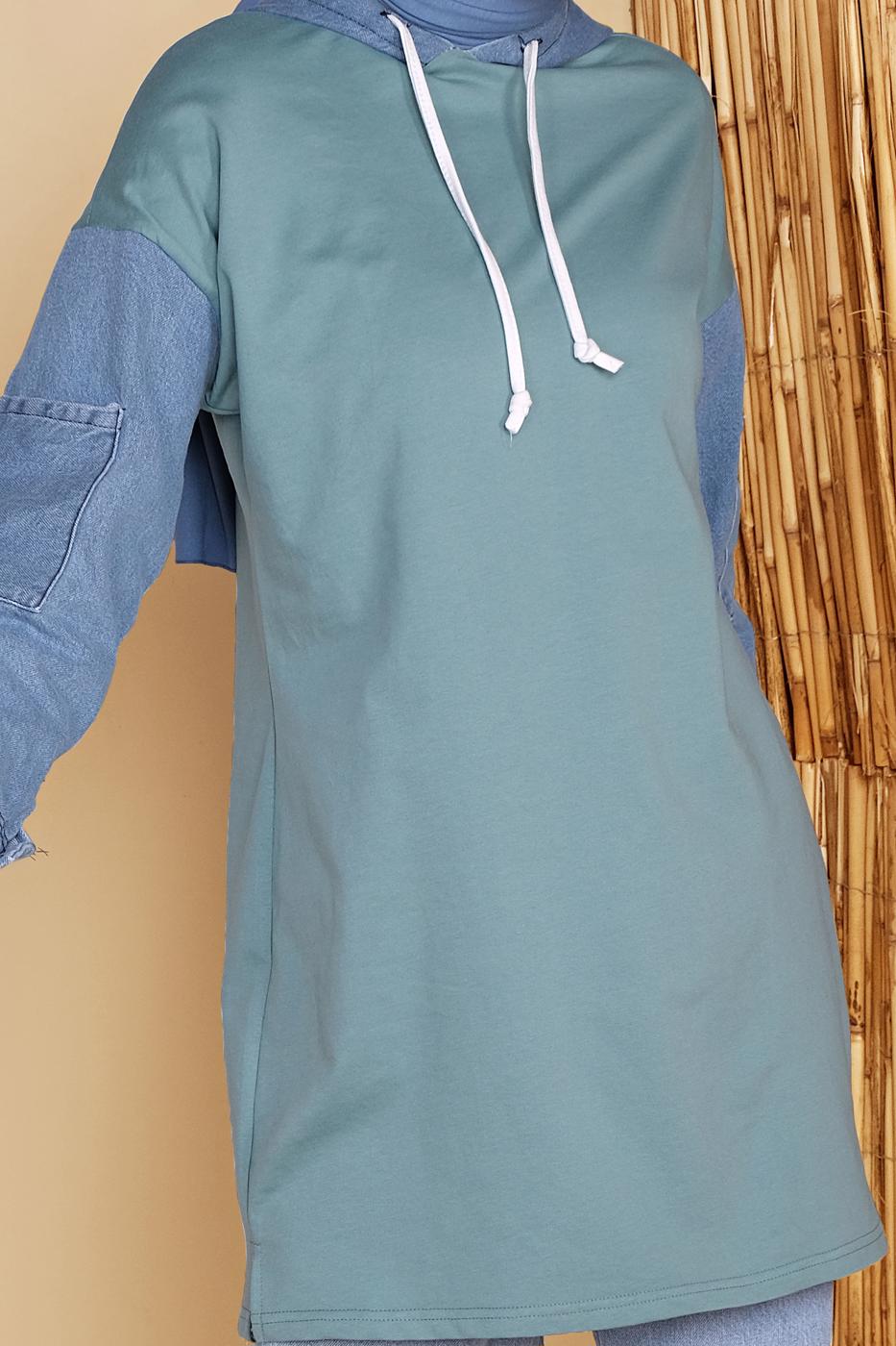 Hijab clothing GREEN DENIM DETAIL HOODED TUNIC 821 