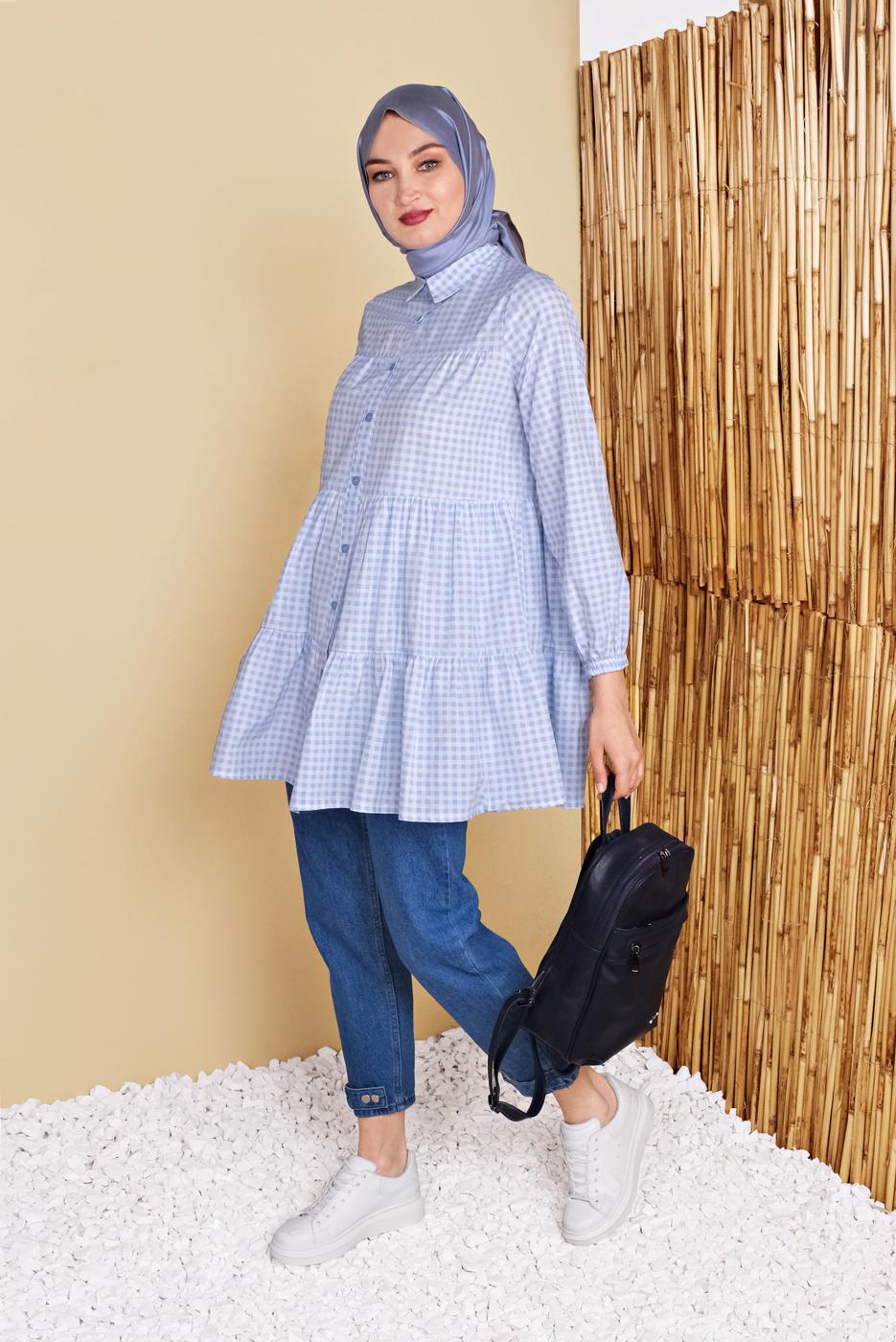 Hijab clothing BLUE GINGHAM SALAS TUNIC 0826 