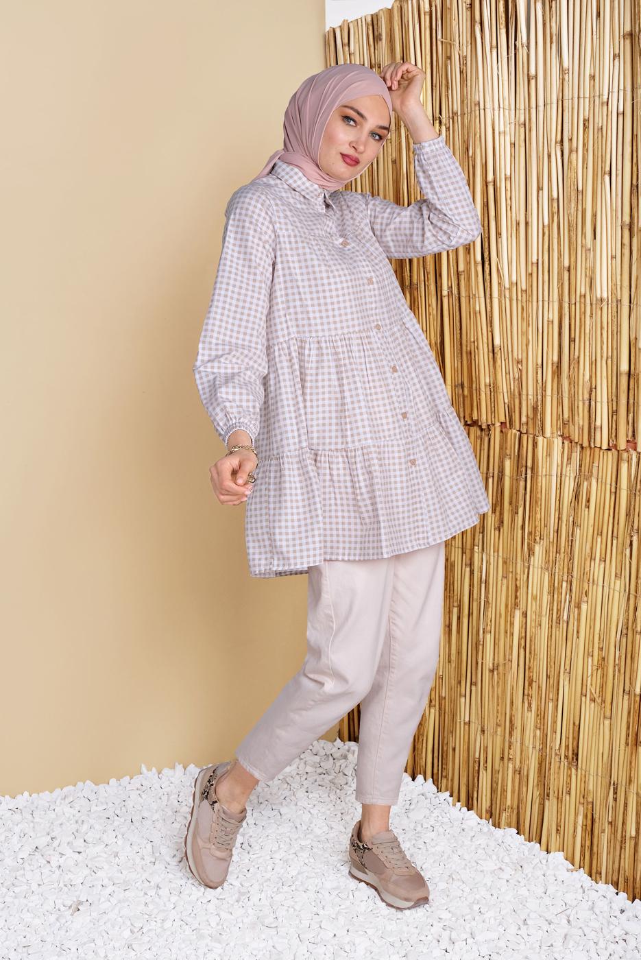 Tesettür giyim KAHVE PÖTİKARELİ SALAŞ TUNİK 0826