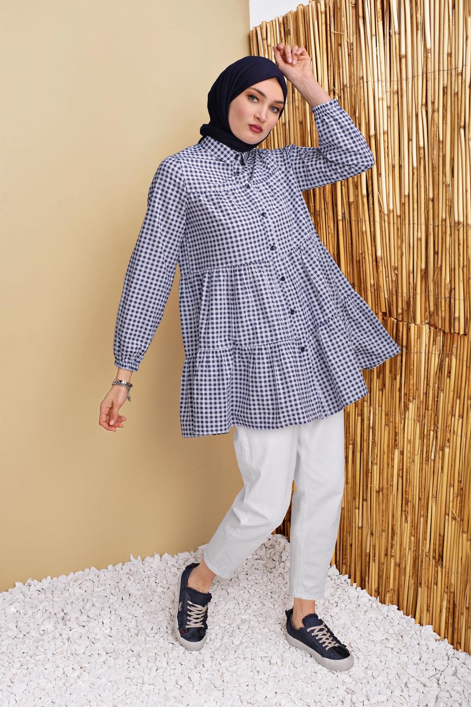 Hijab clothing NAVY BLUE GINGHAM SALAS TUNIC 0826 