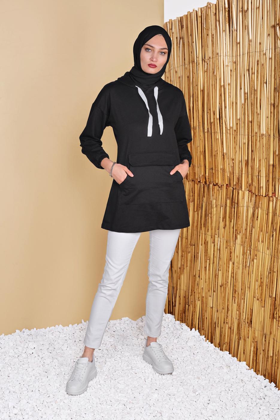 Vêtements hijab NOIR TUNIQUE À CAPUCHE DÉTAIL POCHE 861