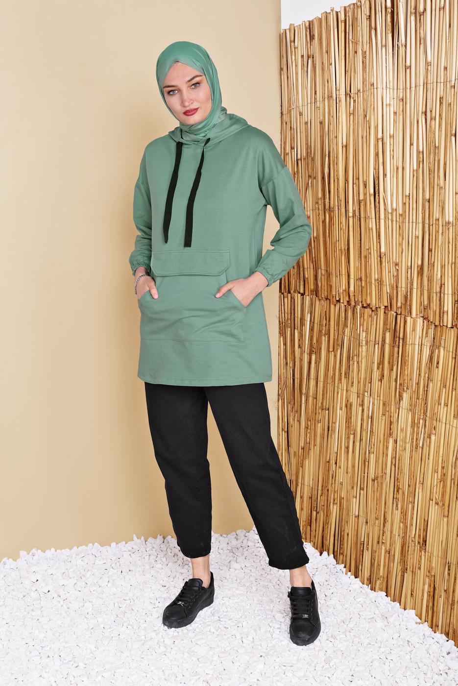 Hijab clothing GREEN POCKET DETAIL HOODED TUNIC 861 