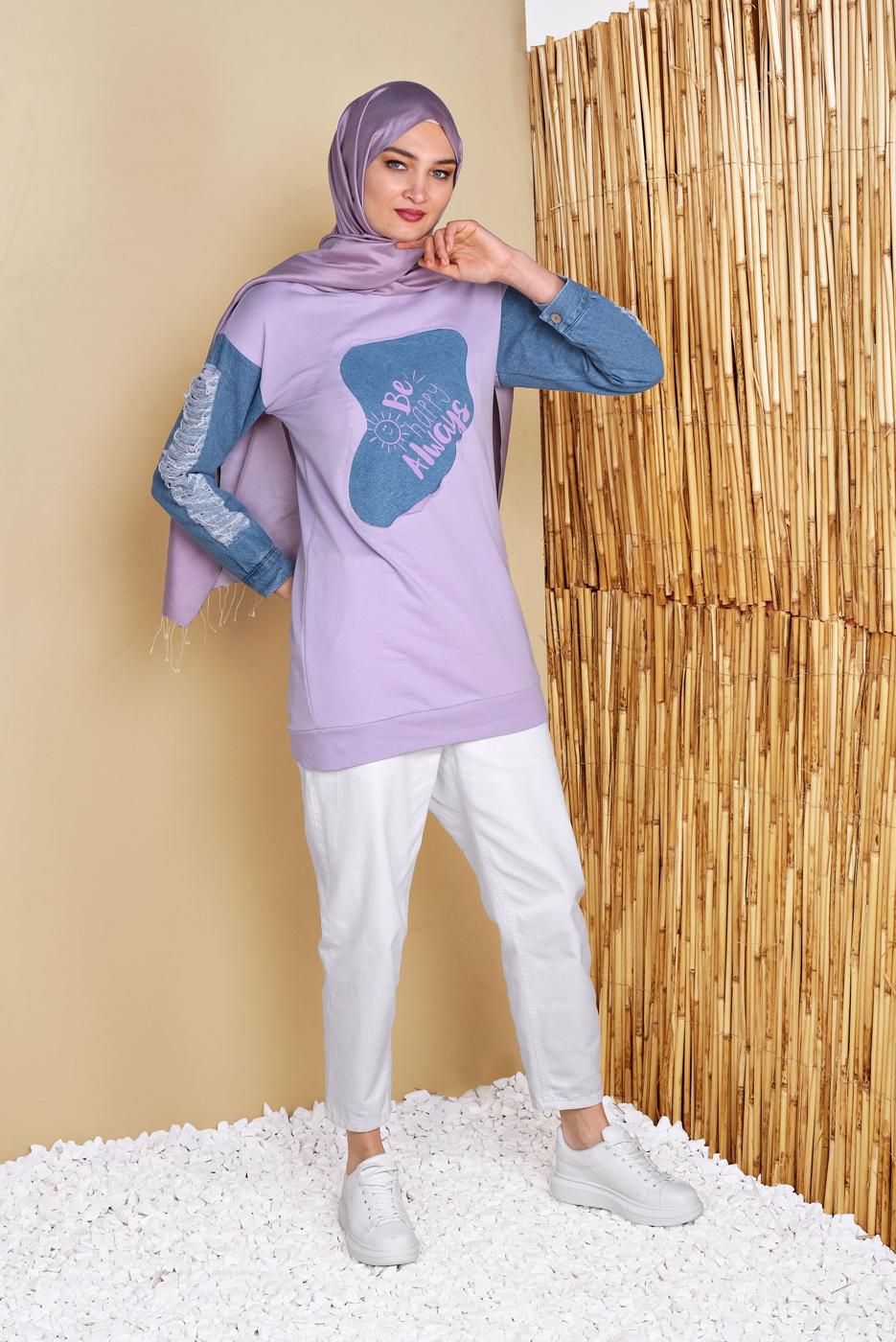 Tesettür giyim MOR DENİM DETAYLI YAZI BASKILI TUNİK T 971