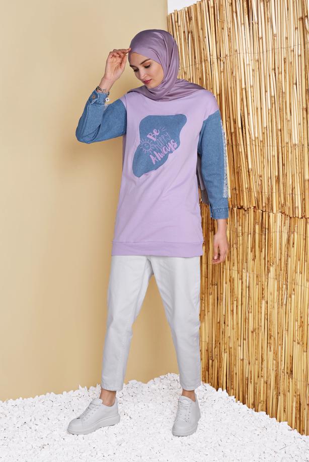 Tesettür giyim  DENİM DETAYLI YAZI BASKILI TUNİK T 971 - TRENDTESETTÜR