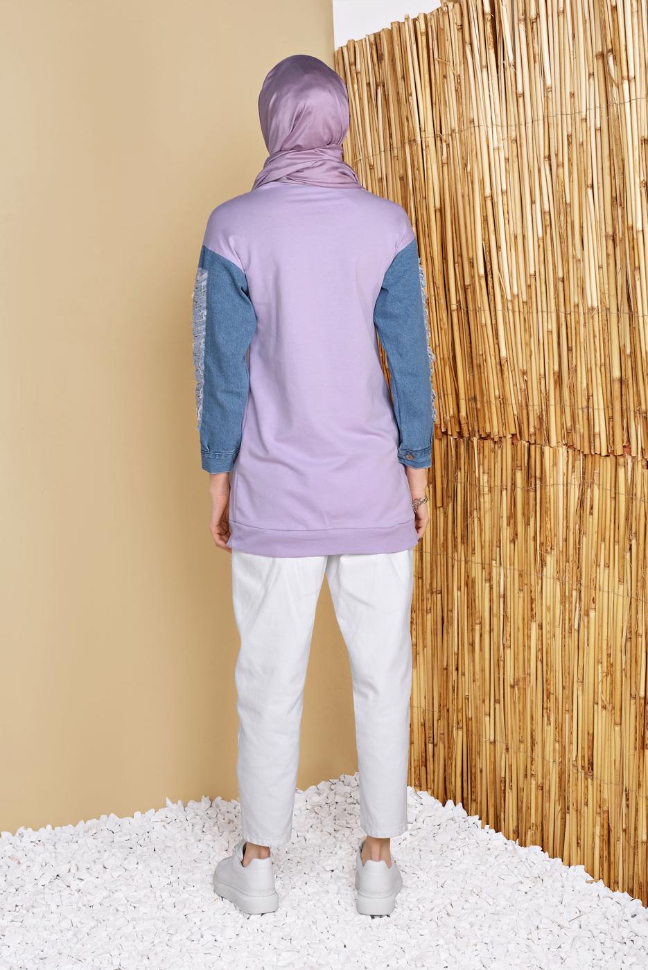 Tesettür giyim MOR DENİM DETAYLI YAZI BASKILI TUNİK T 971