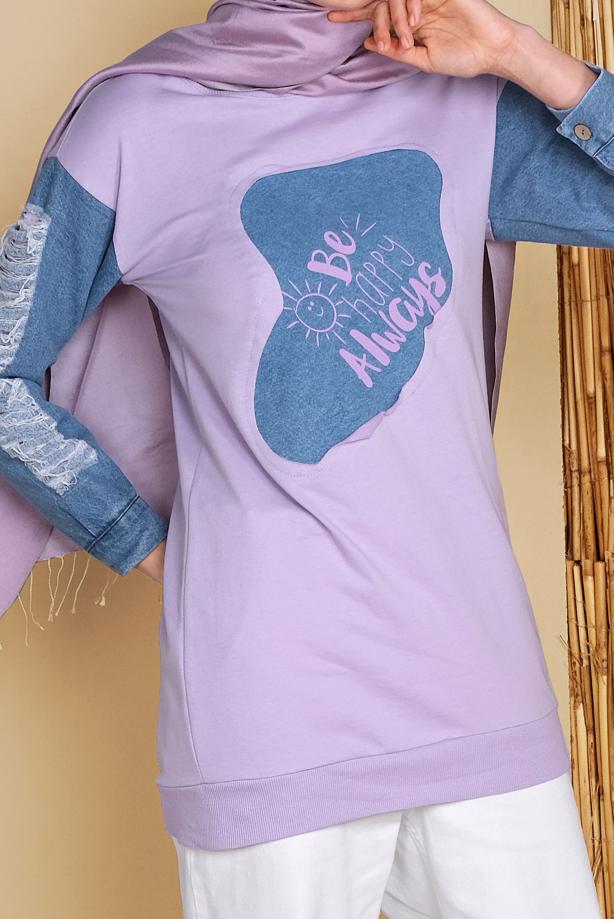 Tesettür giyim  DENİM DETAYLI YAZI BASKILI TUNİK T 971 - TRENDTESETTÜR