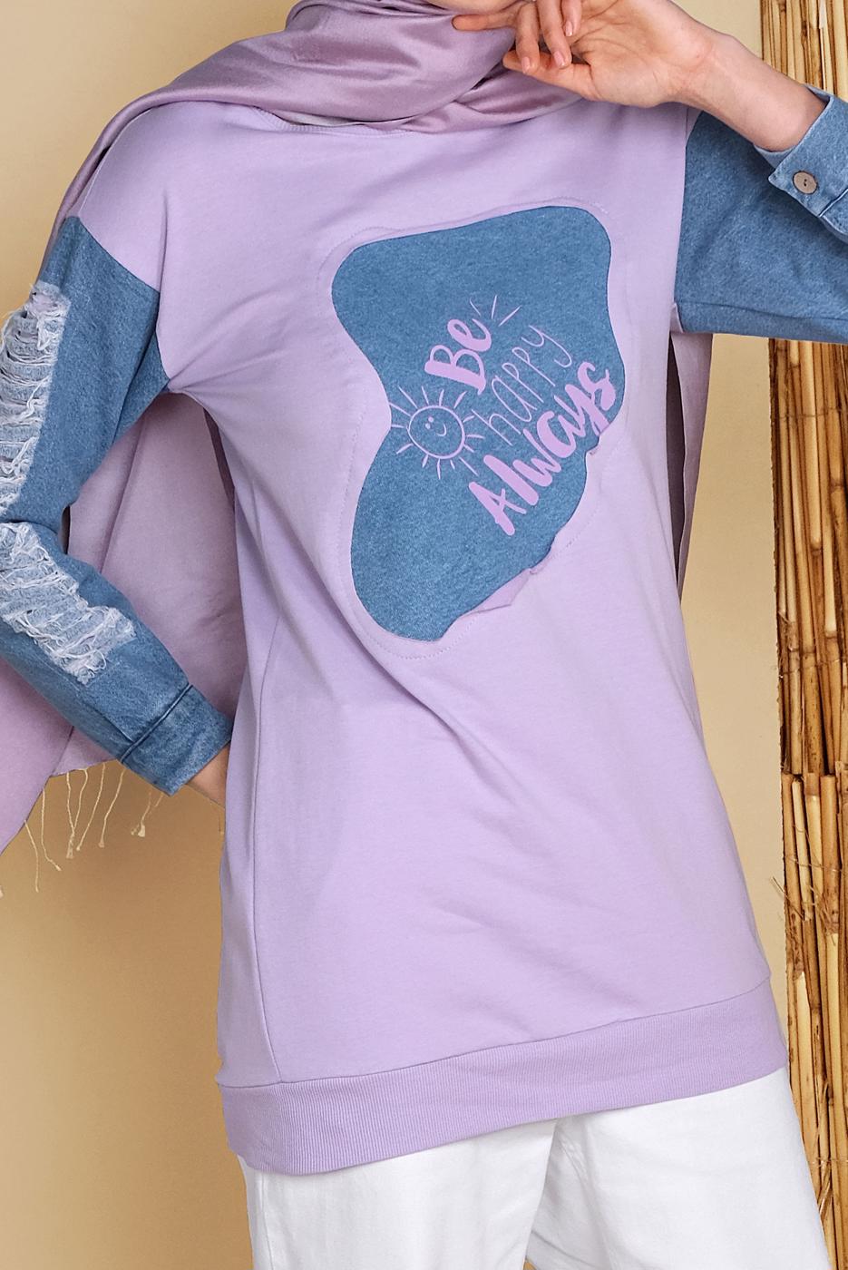 Tesettür giyim MOR DENİM DETAYLI YAZI BASKILI TUNİK T 971