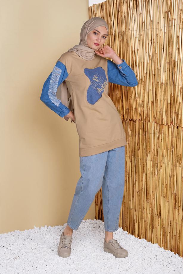 Hijab clothing  DENIM DETAIL PRINTED TUNIC 971  - TRENDTESETTÜR