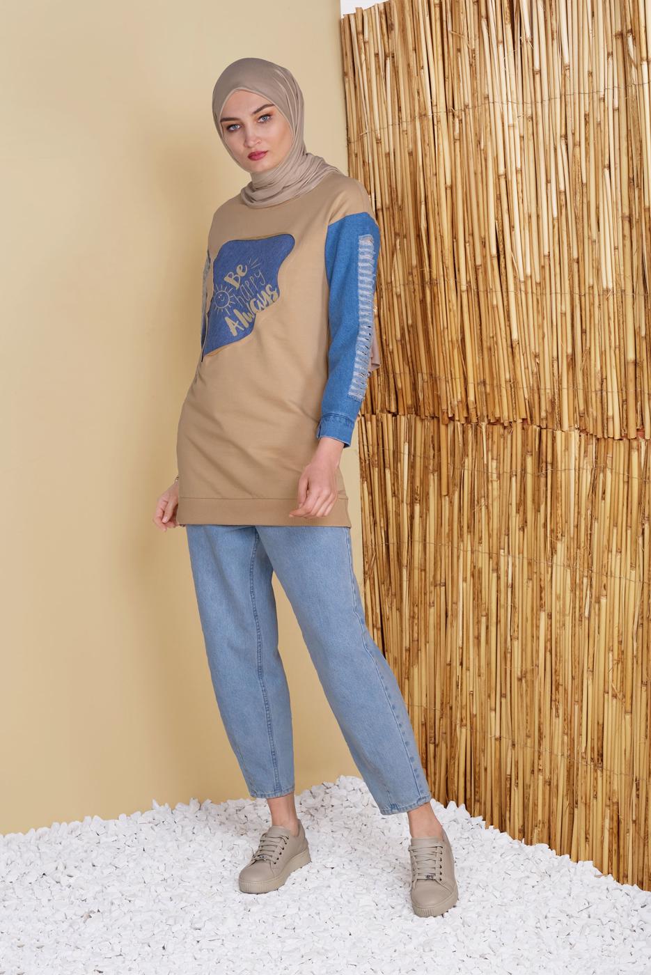 Hijab clothing BROWN DENIM DETAIL PRINTED TUNIC 971 
