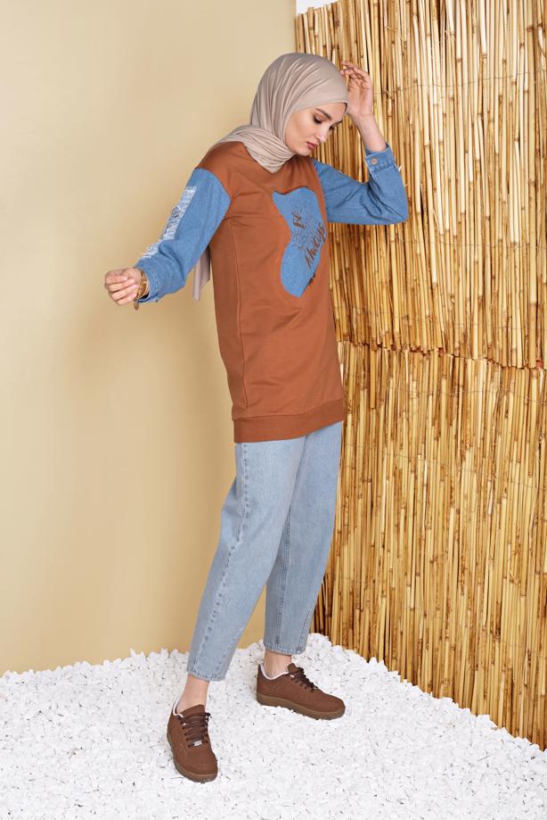 Vêtements hijab  DENIM DETAIL PRINTED TUNIC 971  - TRENDTESETTÜR