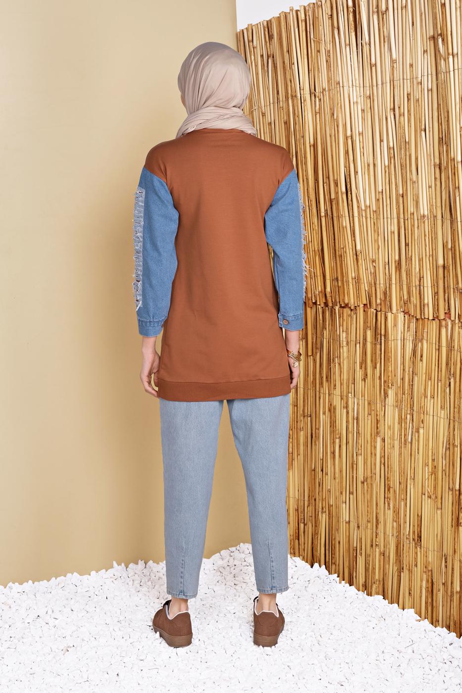 Vêtements hijab BRUN TUNIQUE DÉTAILLÉE EN DENIM IMPRIMÉ ÉCRIT 971