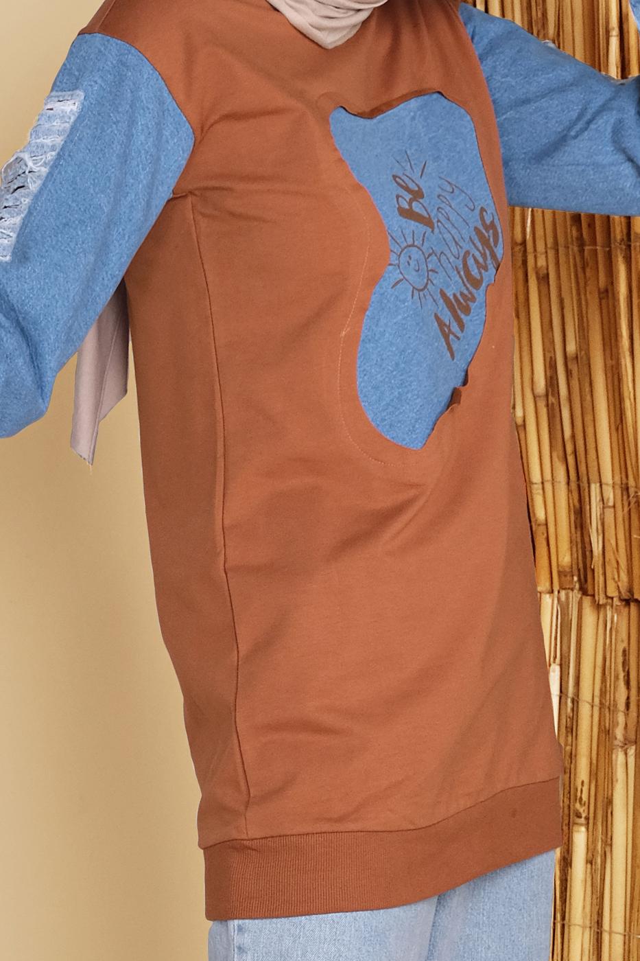 Vêtements hijab BRUN TUNIQUE DÉTAILLÉE EN DENIM IMPRIMÉ ÉCRIT 971