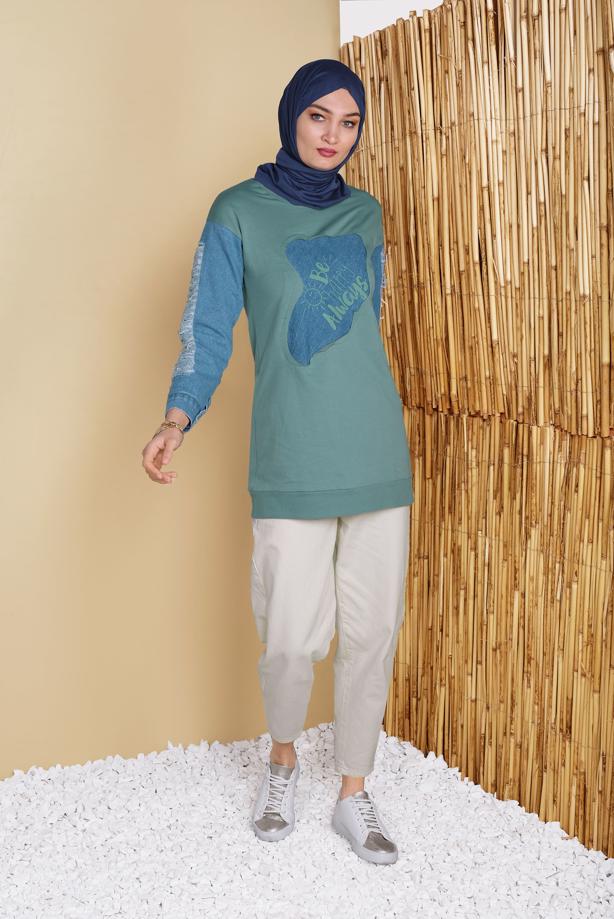 Vêtements hijab  DENIM DETAIL PRINTED TUNIC 971  - TRENDTESETTÜR
